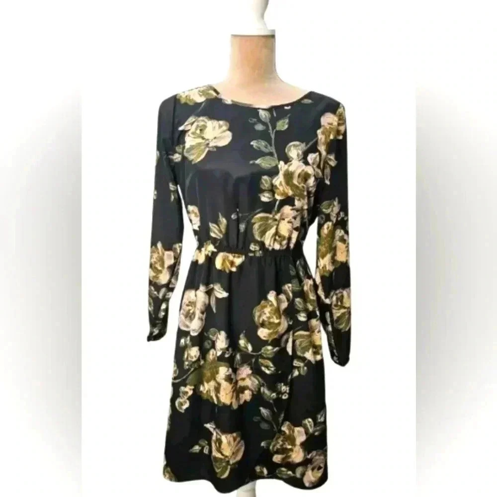 J.Crew Black Floral Mini Dress Cottagecore Romantic Boho Fall Long Sleeve Size 2